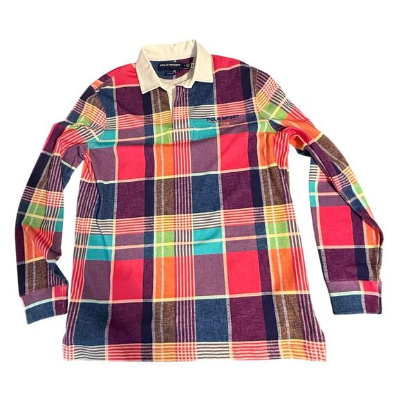 Polo Sport Ralph Lauren Mens Pink Madras Long Sleeve Rugby Shirt Size Medium - Picture 6 of 7